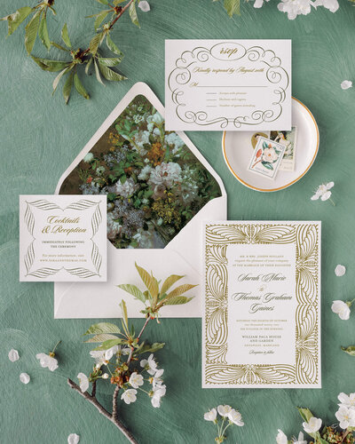 Botanical and vintage inspired semi custom wedding invitations
