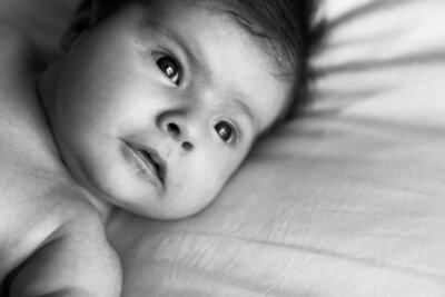 closeup of newborn baby with eyes open