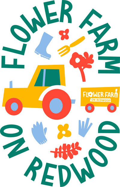 Tractor doodles with gardening tools for Flower Farm on Redwood