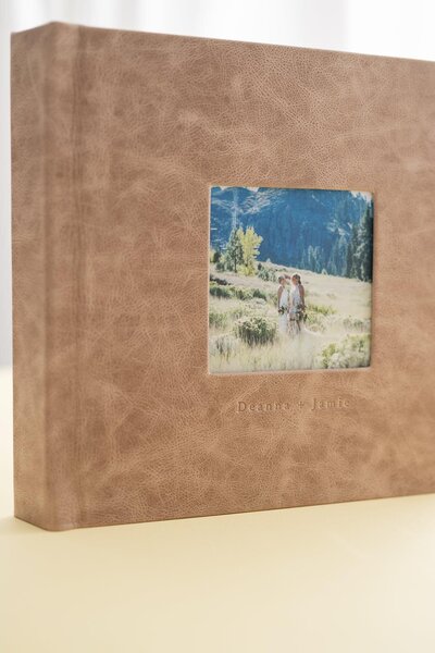 Leather cover custom wedding album of two brides in Palisades Tahoe products heirlooms to pass on