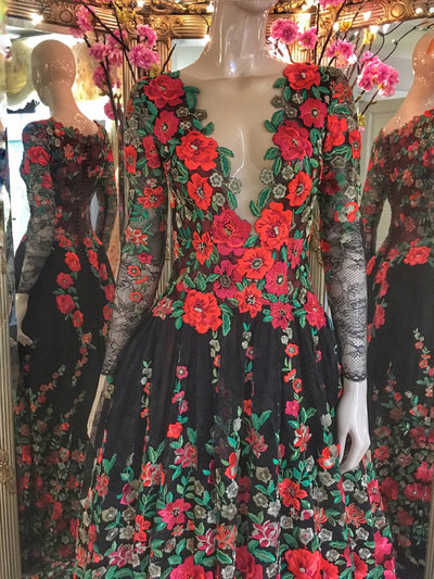 Frida-embroidered-flower-red-black-evening-dress-JoanneFlemingDesign