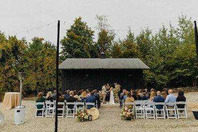 Overview of wedding ceremony with wedding guests in seats