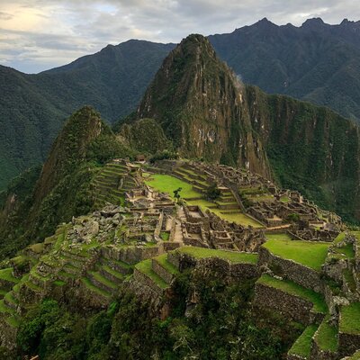 Drone shot of Machu Picchu in Peru after hiking the Salkantay Trail