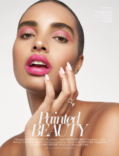 Pop color beauty campaign of women in hot pink lipstick