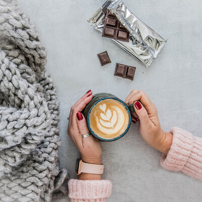 chocolate and coffee flat lay photography by food photographer, nancy ingersoll
