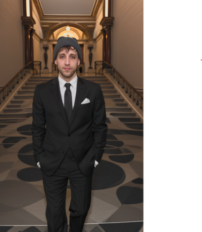 Wedding Photographer Niko Coric sitting thoughtfully beside framed portrait gallery