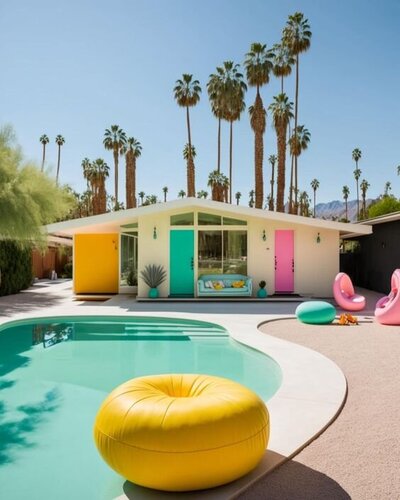 Desert landscaping in a mid-century modern backyard with native plants, minimalist design, and pops of bright colors.
