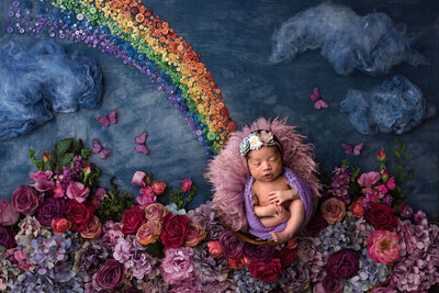 newborn baby laying under a rainbow