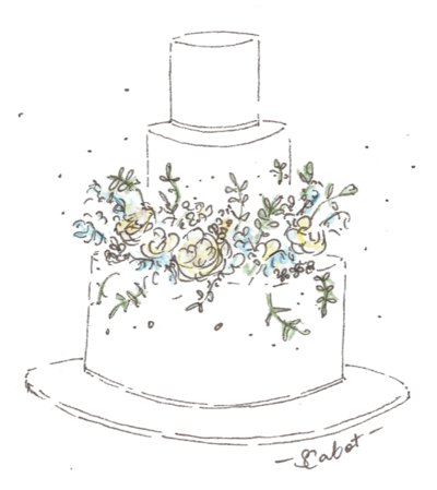 A hand drawn illustration of Rebecca & Fred's wedding cake