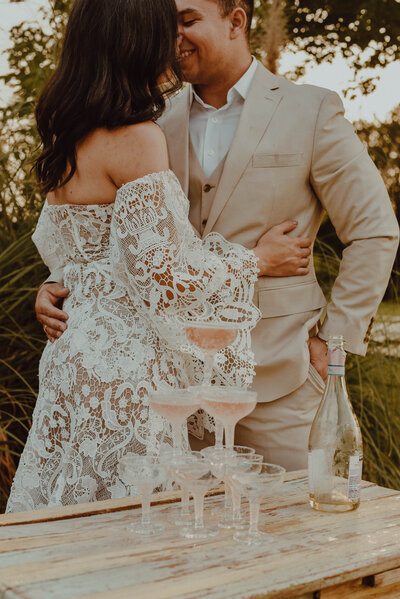 Champagne tower and intimate couple portrait details