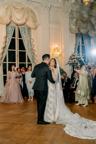 Couple dancing together at wedding reception, Rosecliff Mansion Wedding, Unique Melody Events & Design (New England Event Planners) helped