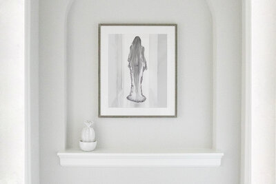Mockup of a framed piece of art, showcasing the potential of transforming boudoir images into watercolor art by a San Francisco photographer.