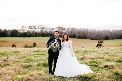 winter wedding at shenandoah national park wedding venue with bride and groom standing together in a pasture filled with horses and rolling hills