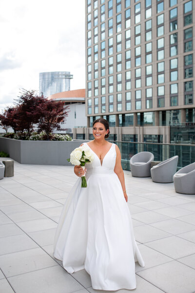 Bride on the rooftop at the Joseph in downtown Nashville on her wedding day.