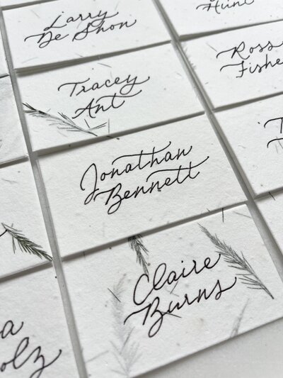 Seed paper  place cards with black calligraphy