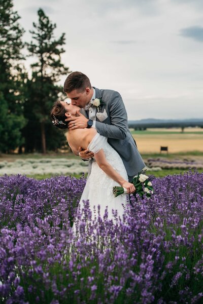 Couple kissing in a field of Lavender at their wedding in Deer Park at Lavender Manor