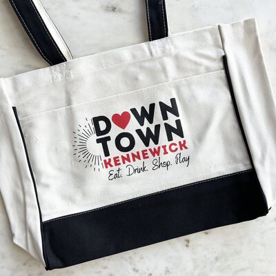 Tote bag with the Downtown Kennewick Logo in red and black