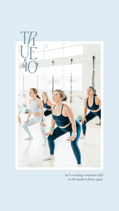 Image of women working out on top of a light blue background with the True40 stacked logo and tagline