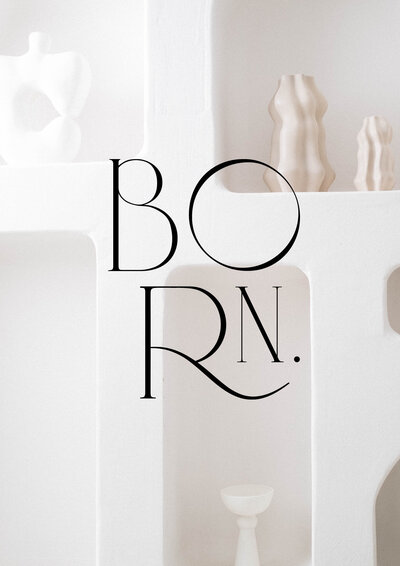 Born semi custom logo design for interior designers overlaid on minimal interior photography.