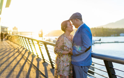 A Vancouver sunset engagement photo by the Vancouver Convention Centre