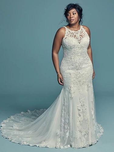 Plus-Size Mermaid Bridal Gown Favorite Elevate a timeless bridal look with surprising details, e.g. a crosshatch lace pattern and modern halter neckline. Case in point? This plus-size mermaid bridal gown is a true-blue classic, but stands out for its texture and tailoring.