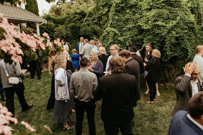 Wedding guests in garden reception area