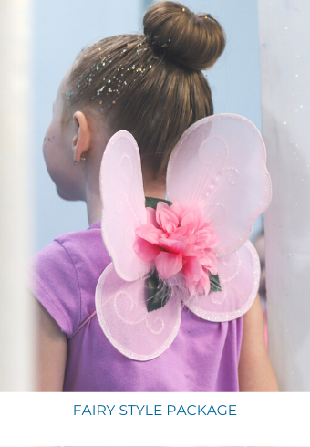 Fairy Makeover Style Package with small fairy wings, fairy bun, and glitter