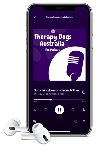 iPhone displays Therapy Dogs Australia podcast on Spotify, showing the episode titled Surprising Lessons from a Therapy Dog and Handler Team with Ash Montgomery. Transparent background.