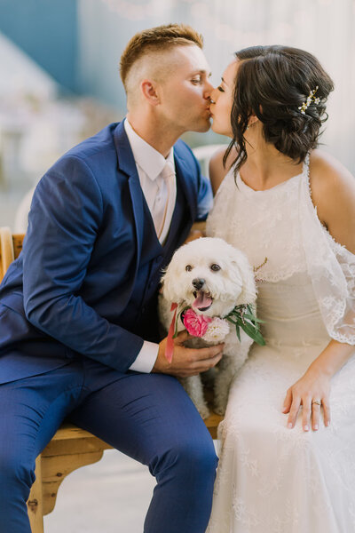 Bride and groom kiss while holding their puppy on their wedding day