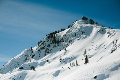 Snowy winter image of Donner Summit, blue skies and pristine snow