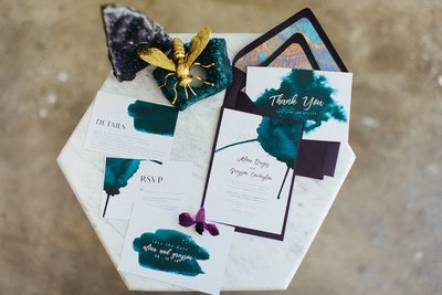 Ink blot purple and teal wedding invitations