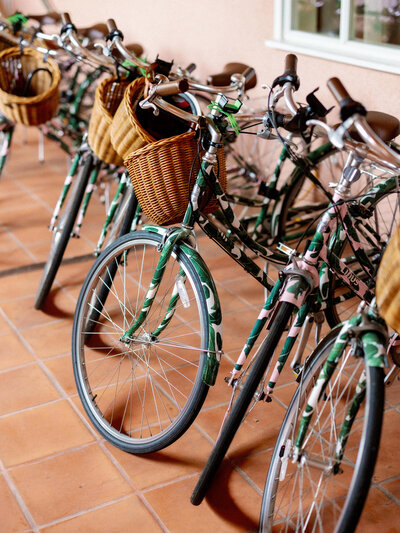 Bicycles parked outside the Beverly Hills Hotel during a wedding event.