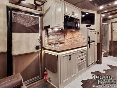 Kitchen view of a luxury horse trailer