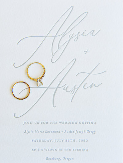 wedding ring shot on white invitation