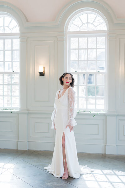 Link to more photos and details about the Harlow crepe wedding gown