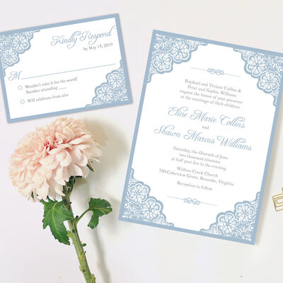 light blue wedding invitation set with elegant lace