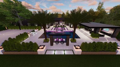California backyard design with sunken firepit and pool with floating steps.