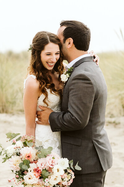 happy bride and groom at an Oregon coast elopement