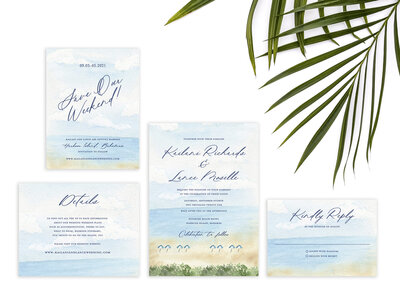 Tropical watercolor wedding invitation suite with watercolor beach scene