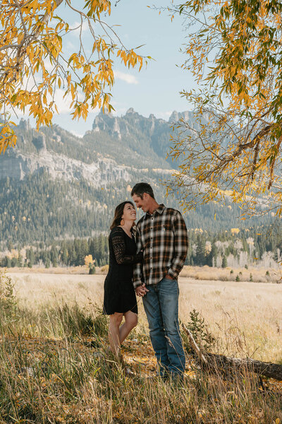 A couple stands close together in a sunny field with mountains and autumn trees in the background, capturing the spirit of a Colorado family lifestyle session in the wild.