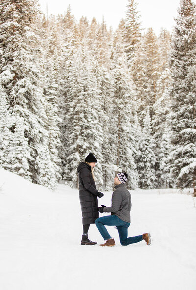 Man down on one knee proposing to girlfriend on a snowy morning. Pine trees are covered with snow behind them.