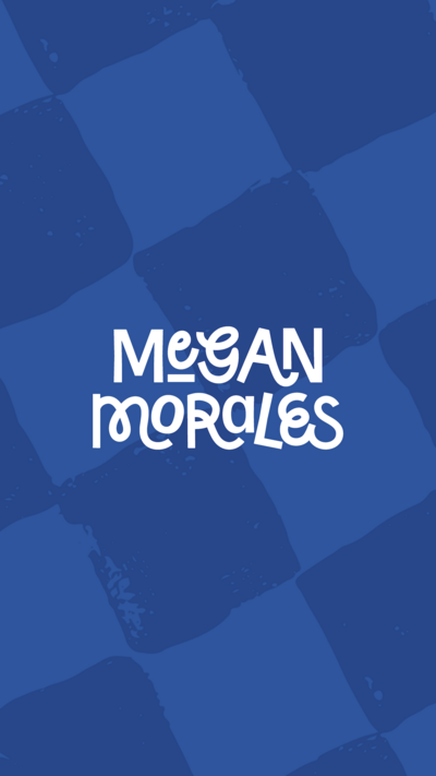 Megan Morales logo on a blue checker pattern background