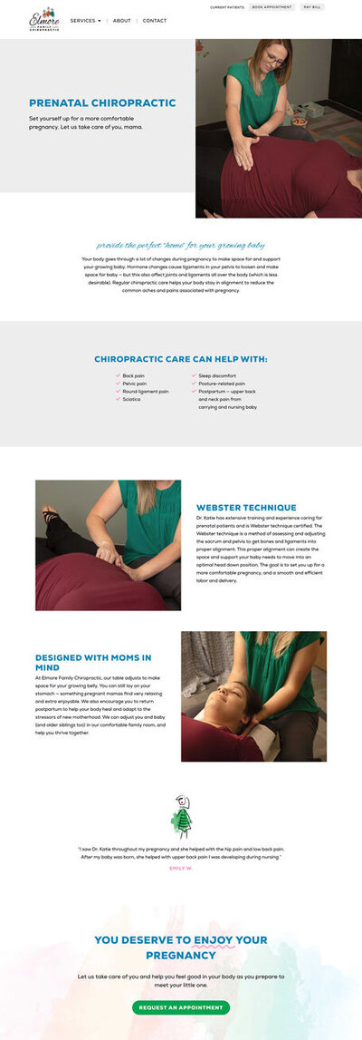 Webpage design for prenatal chiropractic service page
