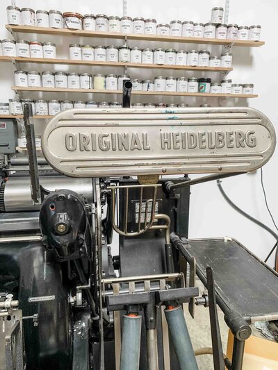 Original printing press at Copper Willow Paper Studio