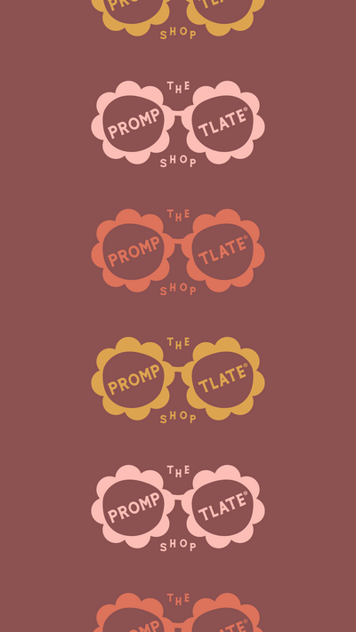 The Promptlate Shop glasses logos in alternating colors on a plum colored background