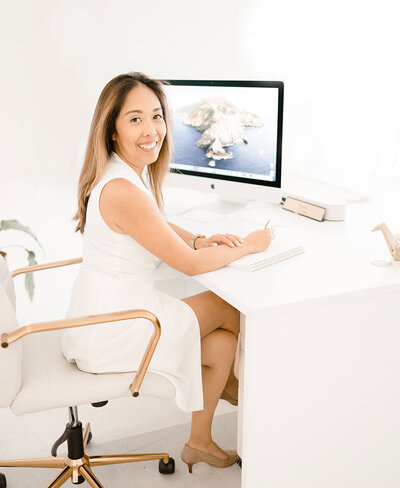 Best-San Diego-Family-Photographer-Coach-headshot-indoor-branding-white dress-computer desk