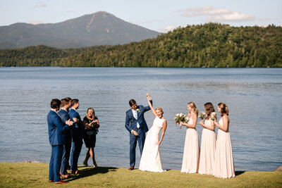 a photo of a bride and groom after their wedding ceremony  at lake placid lodge in new york