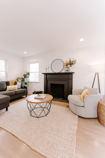 modern living room  with black mantle