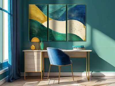 Modern home office designed for business coach Amy Posner, featuring abstract artwork, a stylish blue chair, and a wooden desk with decorative elements.
