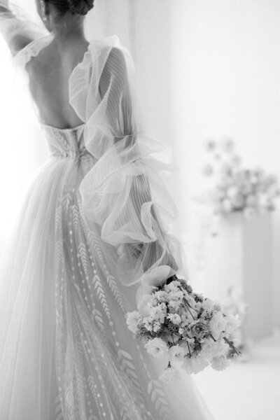 Bride and her flowers on her wedding day